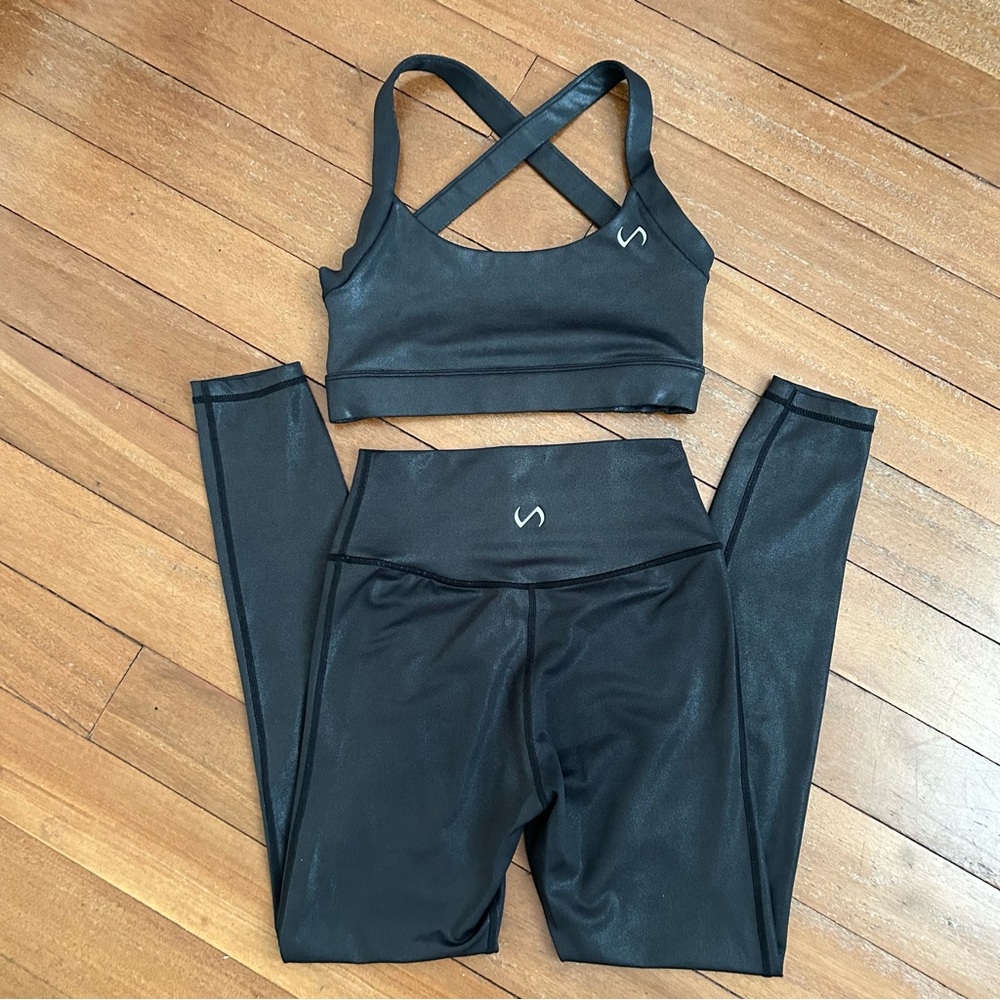 TLF Arctic Sports Bra and High Waisted Legging Set Shine Black